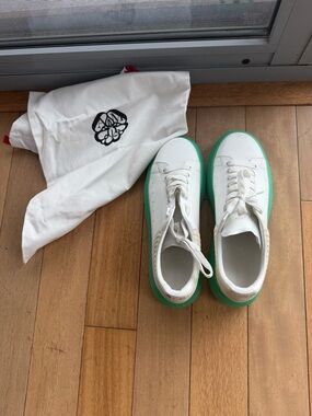 White Leather Sneakers with Mint Green Soles